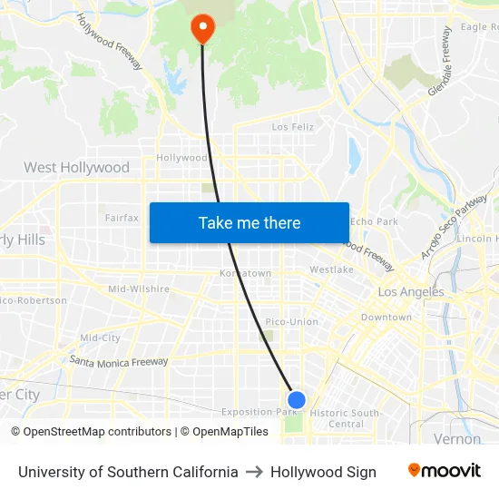 University Of Southern California to Hollywood Sign map