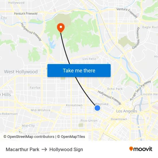 Macarthur Park to Hollywood Sign map