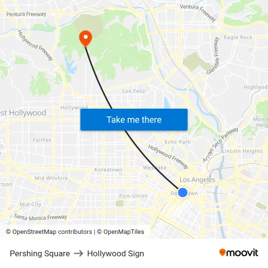 Pershing Square to Hollywood Sign map