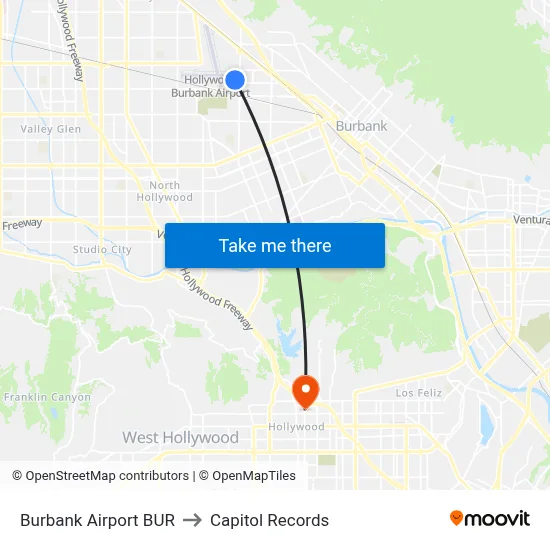 Burbank Airport BUR to Capitol Records map