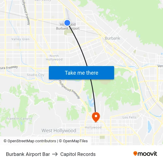 Burbank Airport Bar to Capitol Records map