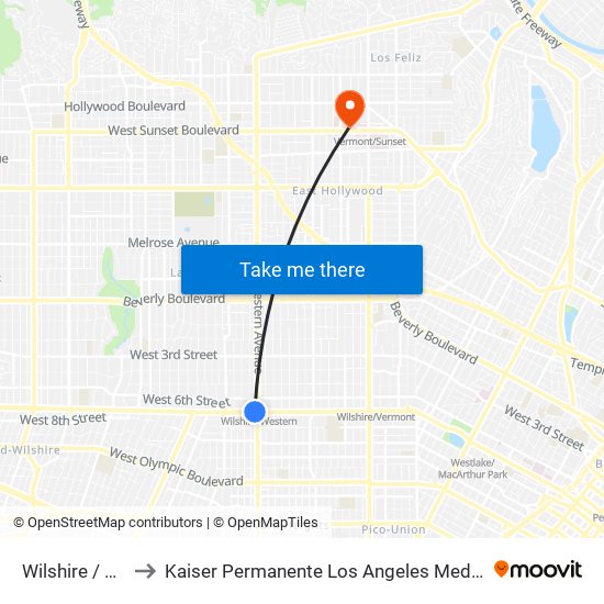 Wilshire / Western to Kaiser Permanente Los Angeles Medical Center Hospital map