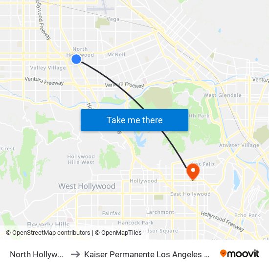 North Hollywood Station to Kaiser Permanente Los Angeles Medical Center Hospital map