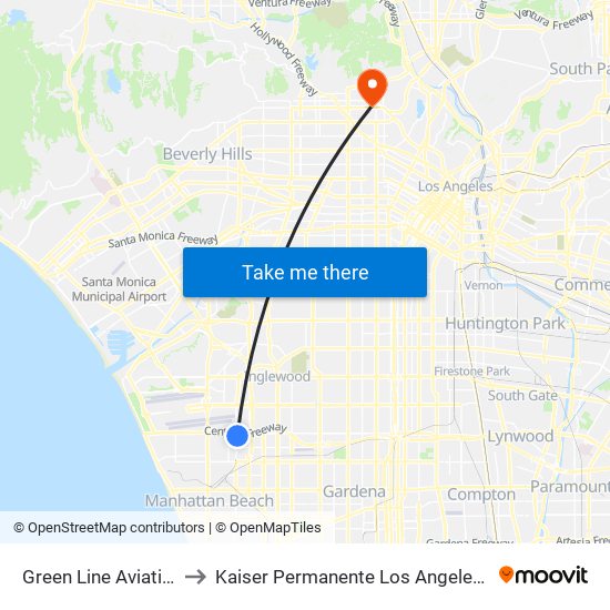 Green Line Aviation LAX Station to Kaiser Permanente Los Angeles Medical Center Hospital map