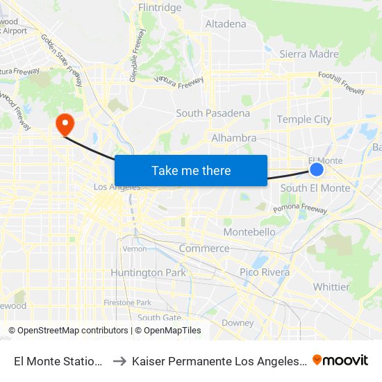 El Monte Station - Lower Level to Kaiser Permanente Los Angeles Medical Center Hospital map