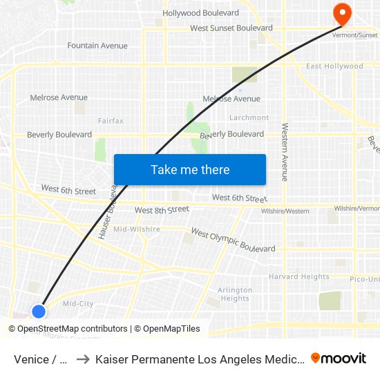 Venice / Fairfax to Kaiser Permanente Los Angeles Medical Center Hospital map