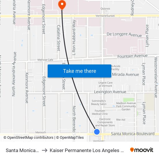 Santa Monica / Vermont to Kaiser Permanente Los Angeles Medical Center Hospital map