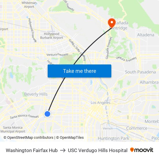 Washington Fairfax Hub to USC Verdugo Hills Hospital map