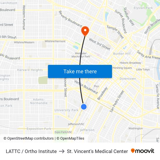 LATTC / Ortho Institute to St. Vincent's Medical Center map