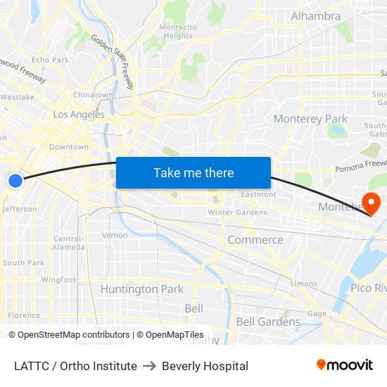 LATTC / Ortho Institute to Beverly Hospital map