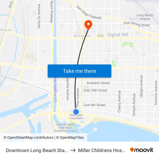 Downtown Long Beach Station to Miller Childrens Hospital map