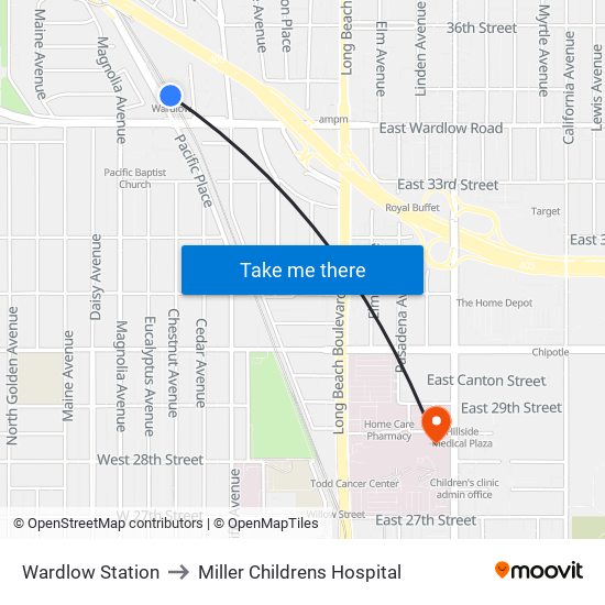 Wardlow Station to Miller Childrens Hospital map