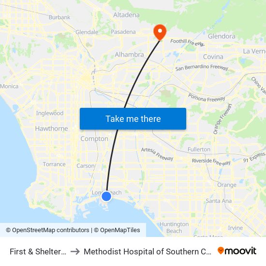 First & Shelter C N to Methodist Hospital of Southern California map