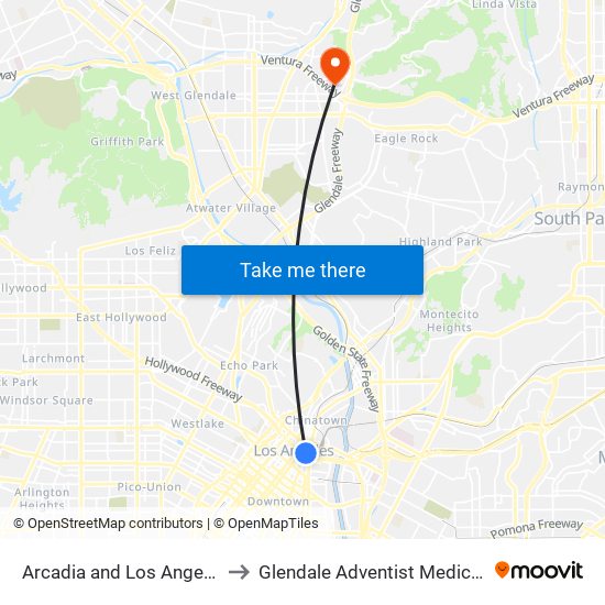 Arcadia and Los Angeles St W to Glendale Adventist Medical Center map