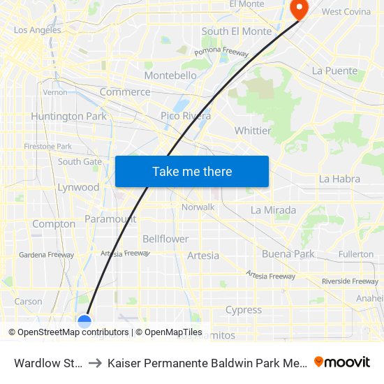 Wardlow Station to Kaiser Permanente Baldwin Park Medical Center map
