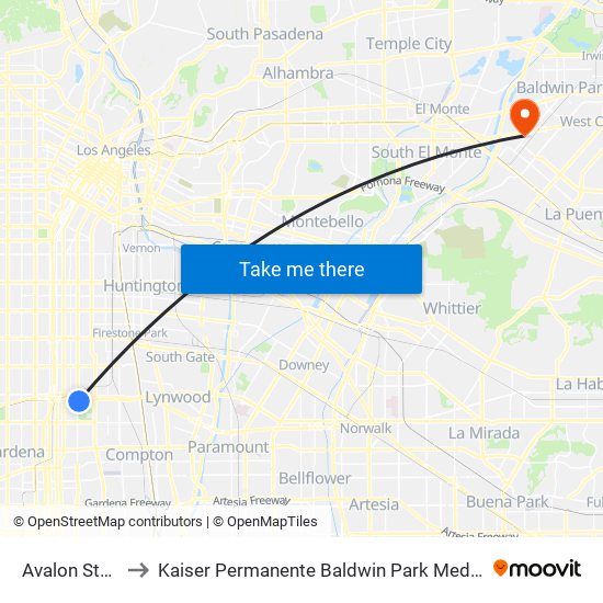 Avalon Station to Kaiser Permanente Baldwin Park Medical Center map