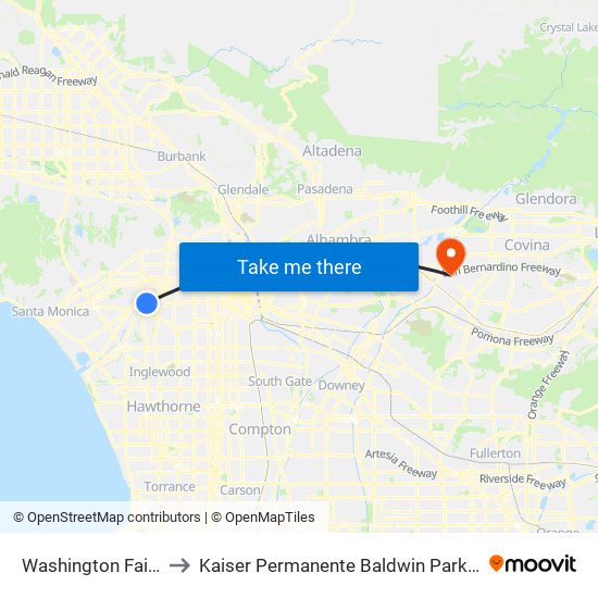 Washington Fairfax Hub to Kaiser Permanente Baldwin Park Medical Center map