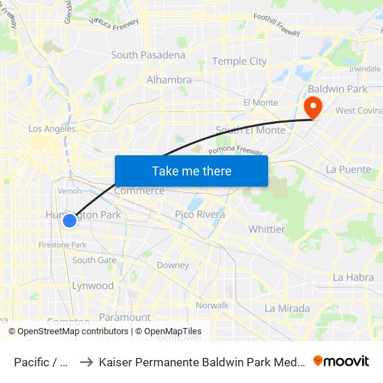 Pacific / Gage to Kaiser Permanente Baldwin Park Medical Center map