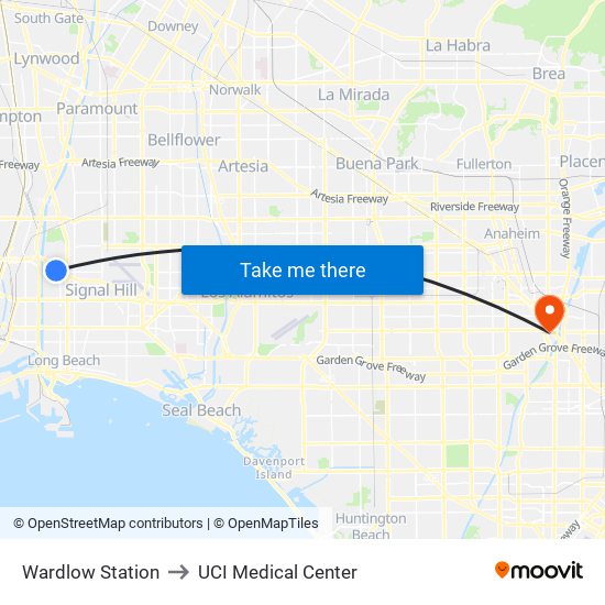 Wardlow Station to UCI Medical Center map