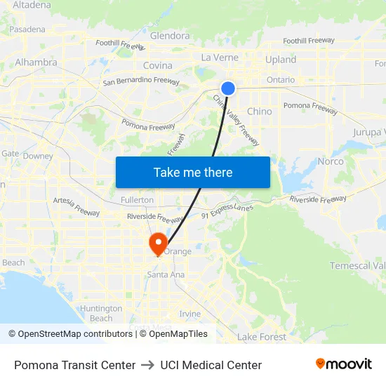 Pomona Transit Center to UCI Medical Center map