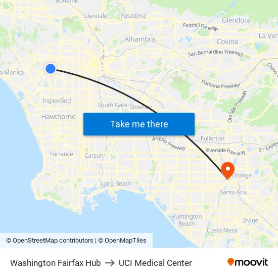 Washington Fairfax Hub to UCI Medical Center map