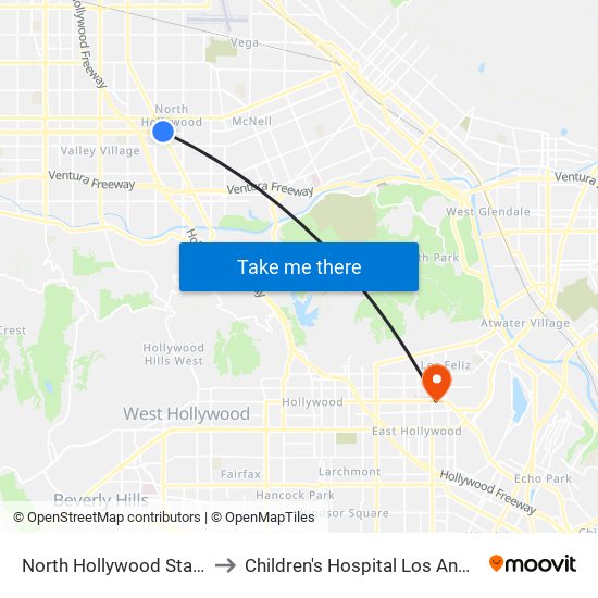 North Hollywood Station to Children's Hospital Los Angeles map