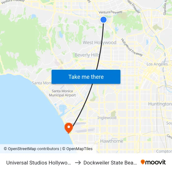 Universal Studios Hollywood to Dockweiler State Beach map