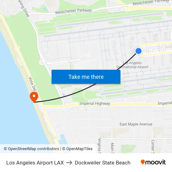 Los Angeles Airport LAX to Dockweiler State Beach map