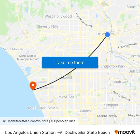 Los Angeles Union Station to Dockweiler State Beach map