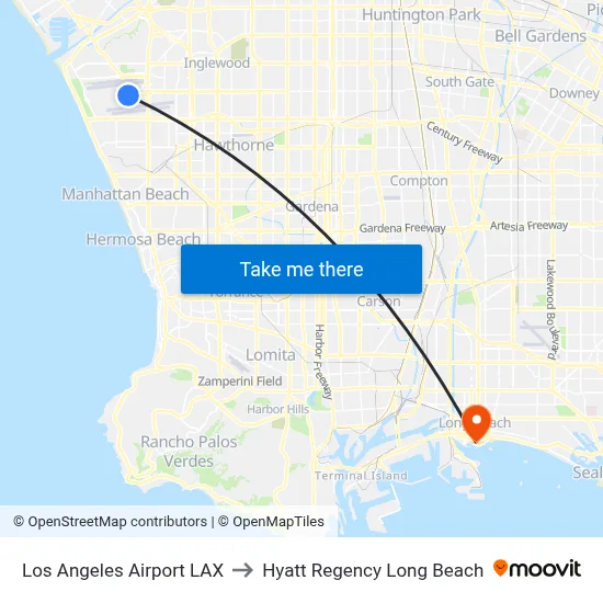 Los Angeles Airport LAX to Hyatt Regency Long Beach map