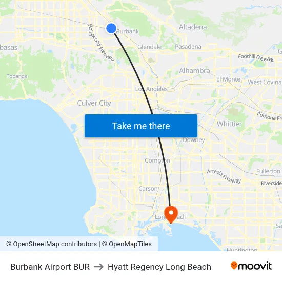 Burbank Airport BUR to Hyatt Regency Long Beach map