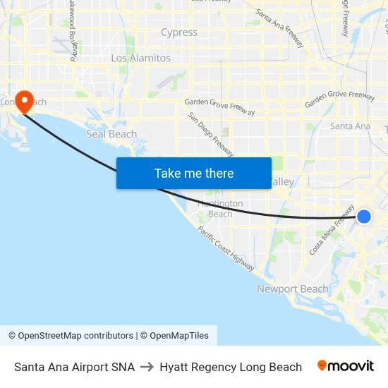 Santa Ana Airport SNA to Hyatt Regency Long Beach map