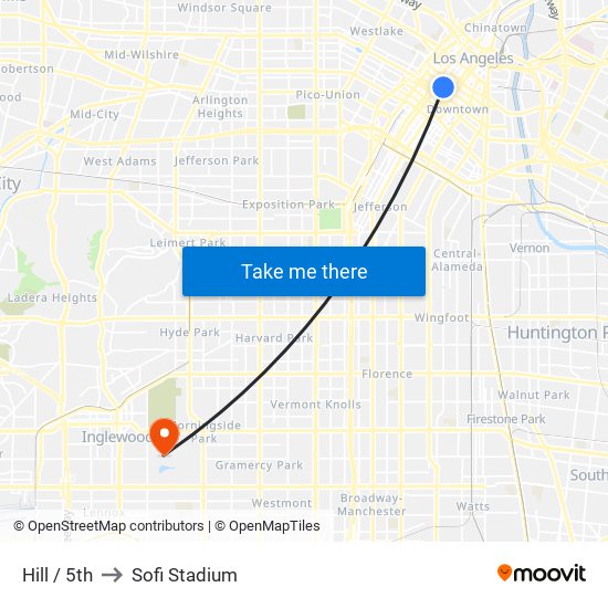 Hill / 5th to Sofi Stadium map