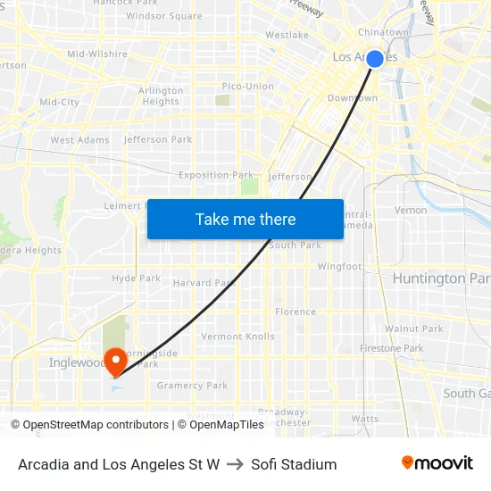 Arcadia and Los Angeles St W to Sofi Stadium map