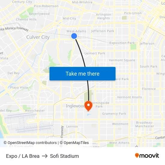 Expo / LA Brea to Sofi Stadium map