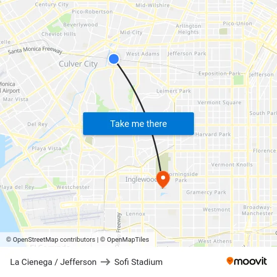 La Cienega / Jefferson to Sofi Stadium map