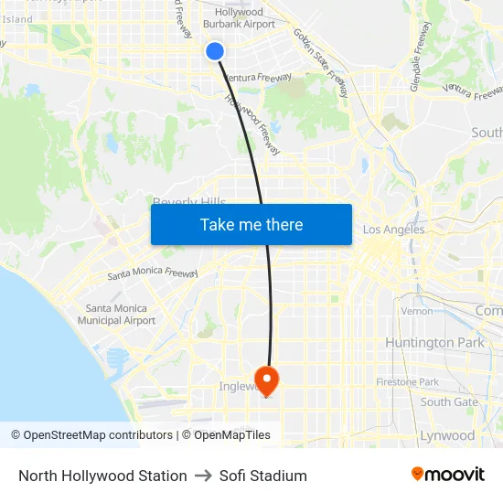 North Hollywood Station to Sofi Stadium map