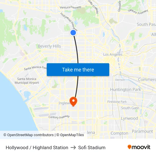Hollywood / Highland Station to Sofi Stadium map