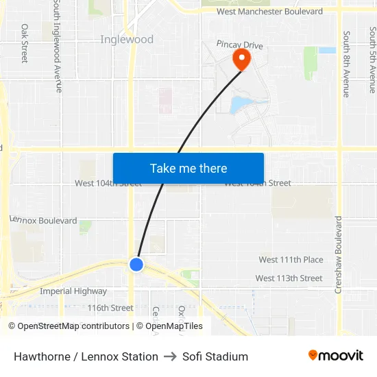 Hawthorne / Lennox Station to Sofi Stadium map