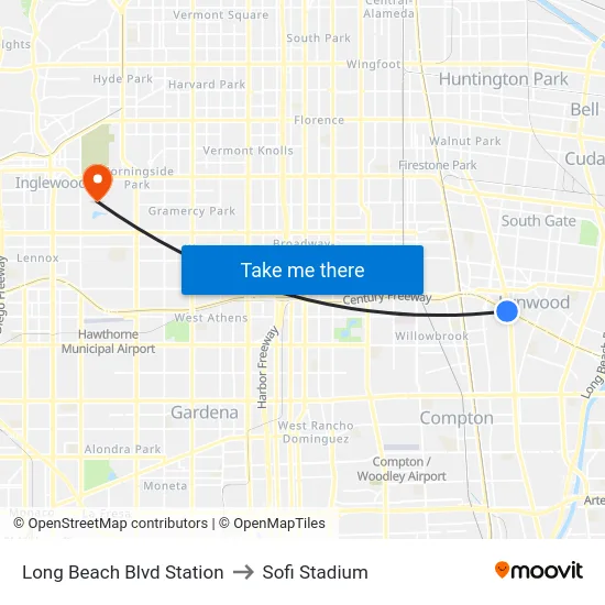 Long Beach Blvd Station to Sofi Stadium map