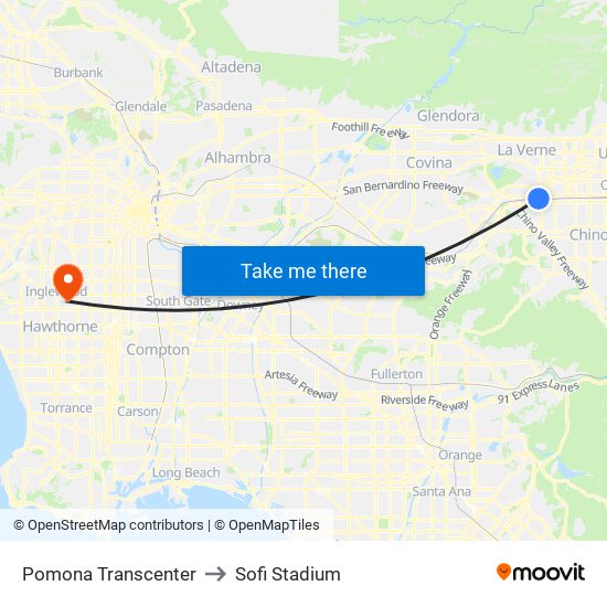 Pomona Transcenter to Sofi Stadium map