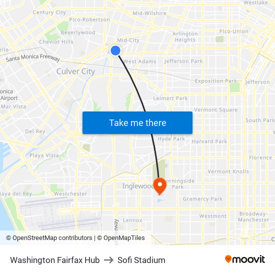 Washington Fairfax Hub to Sofi Stadium map