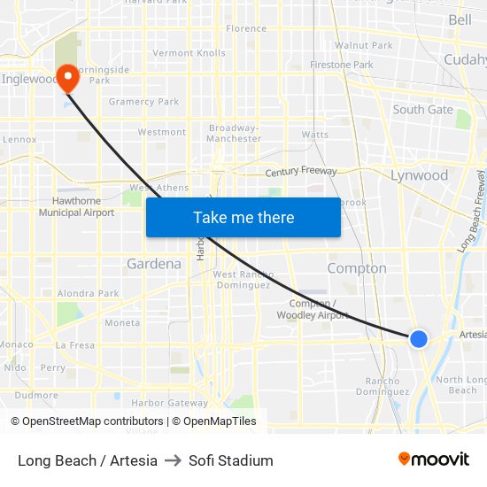 Long Beach / Artesia to Sofi Stadium map