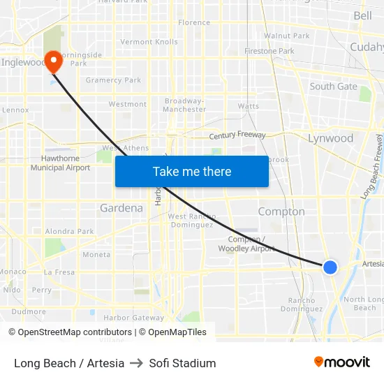Long Beach / Artesia to Sofi Stadium map