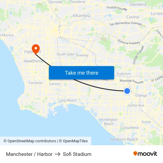 Manchester / Harbor to Sofi Stadium map
