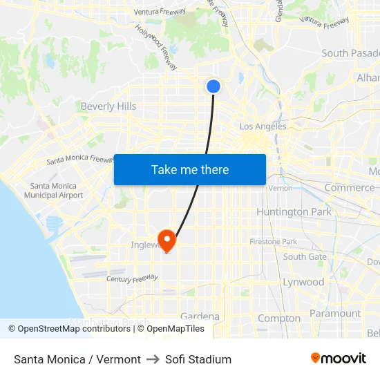 Santa Monica / Vermont to Sofi Stadium map