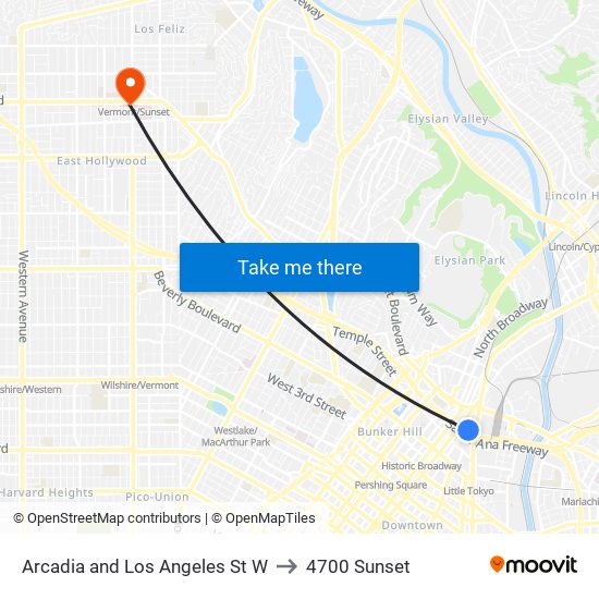 Arcadia and Los Angeles St W to 4700 Sunset map