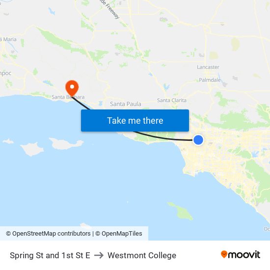 Spring St and 1st St E to Westmont College map