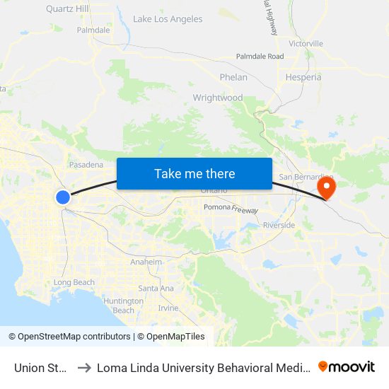 Union Station to Loma Linda University Behavioral Medicine Center map