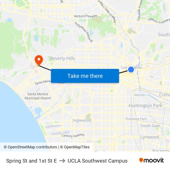 Spring St and 1st St E to UCLA Southwest Campus map